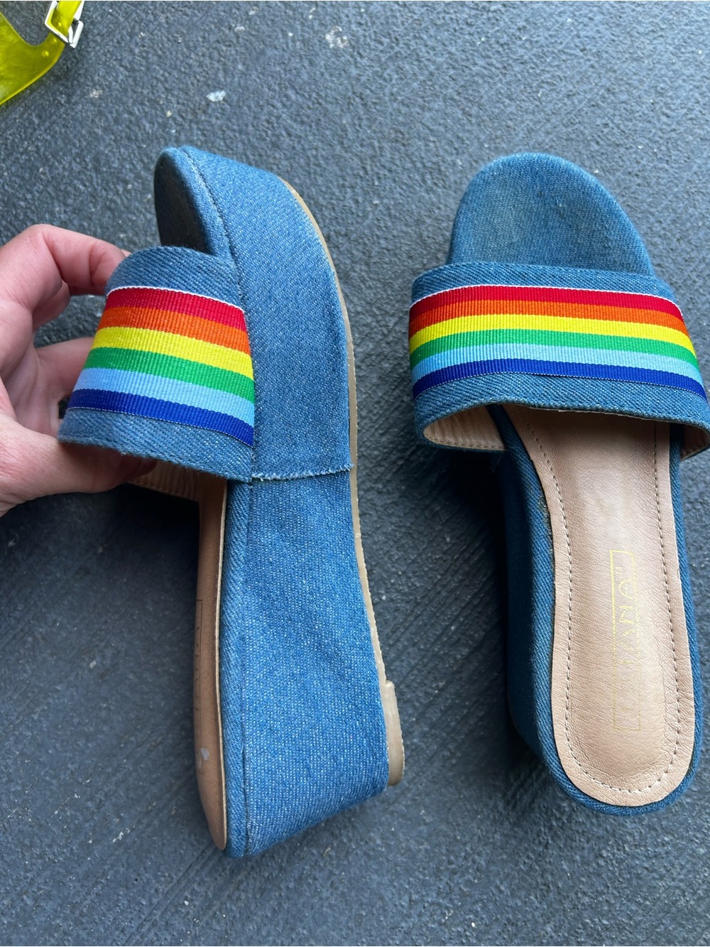 90s vintage Denim Slide Sandals with Rainbow Stripe